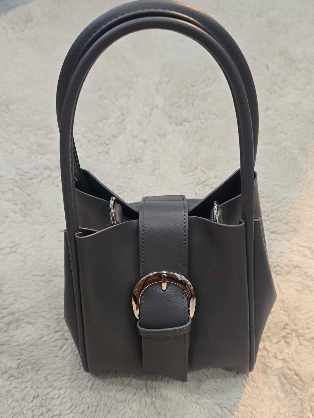 Anthropologie Charcoal Gray Structured Bucket Tote with Buckle